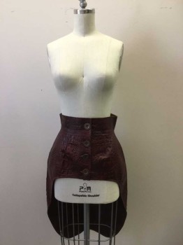 Womens, Sci-Fi/Fantasy Piece 2, N/L MTO , Maroon Red, Leather, Reptile/Snakeskin, W24, Maroon Reptile Texture Overskirt.  Short at Front with 4 Button Front, Long Back with Slit Center Back,