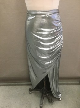 N/L, Silver, Spandex, Solid, Silver Metallic Stretch, 1" Wide Self Waistband, Ruched Detail at Side Hip with Wrapped Opening at Hem, Floor Length Hem Except for Opening at Front, Invisible Zipper at Side
