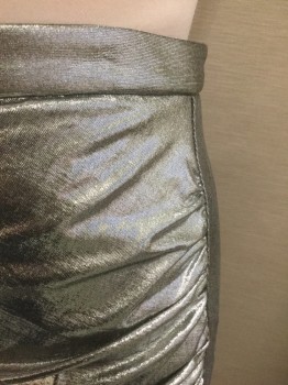 Womens, Skirt, Long, N/L, Silver, Spandex, Solid, W:31, Silver Metallic Stretch, 1" Wide Self Waistband, Ruched Detail at Side Hip with Wrapped Opening at Hem, Floor Length Hem Except for Opening at Front, Invisible Zipper at Side
