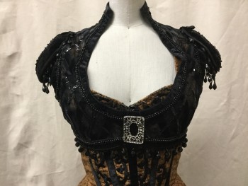 MTO, Black, Sequins, Beaded, Diamonds, JACKET-Cropped Matador with Shoulder Caps, and Rhinestone Buckle Center Front, Velvet, Sequins and Jet Bead Fringe, Can Can