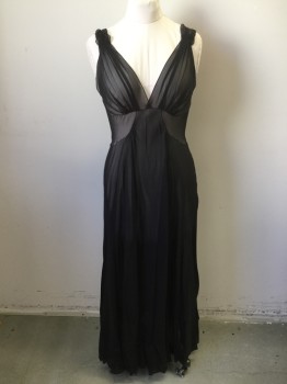 Womens, Negligee, N/L, Black, Polyester, S, Surplice Pleated Top, Sleeveless, 2 Side Waist Curved Panels, Gathered Waist at Curved Panels, Floor Length Hem, , Zip Back, Pleated Petal Embellishment at Shoulder