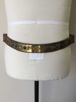 N/L, Dk Brown, Brass Metallic, Blue, Amber Yellow, Red, Leather, Metallic/Metal, Dots, Novelty Pattern, (double) Dark Brown Reptile  Belt W/brass Inlay Work Detail W/blue  Round Stones and Amber & Red Stone in the Middle, 2 Needle Pins and Brown Cord String Closure, See Photo Attached,