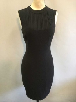 L'AGENCE, Black, Polyester, Cotton, Solid, Sleeveless, Pleated Chiffon Panel at Neck, Round Neck, Sheath, Hem Above Knee,  Invisible Zipper at Center Back