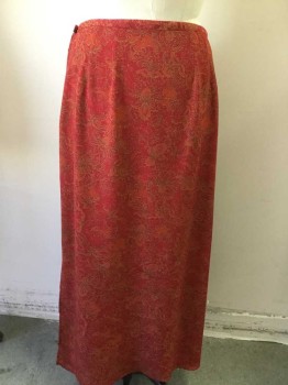 Womens, Dress, Piece 2, FIRST ISSUE, Red, Orange, Ochre Brown-Yellow, Polyester, Floral, 8, Reversible, Side Seam Invisible Zipper,  Bar Code is Located Center Back at Top of Slit Between the Layers