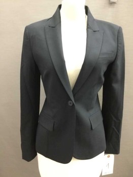 THEORY, Black, Wool, Solid, Single Breasted, Collar Attached,  Peaked Lapel, 1 Button, 3 Pockets,
