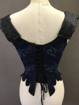 Womens, Historical Fiction Corset, MTO, Navy Blue, Lt Blue, Black, Cotton, Leather, Ikat, 23+W, 30+B, Boned, Center Back Lace Up, Shoulders Tied Center Front, Navy Beads Hanging On Ties, Leather Straps With Blue Edge