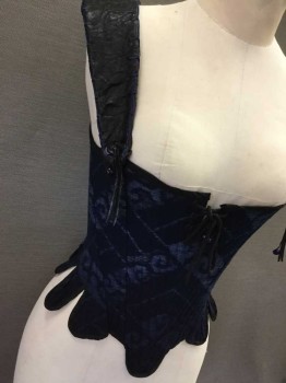 Womens, Historical Fiction Corset, MTO, Navy Blue, Lt Blue, Black, Cotton, Leather, Ikat, 23+W, 30+B, Boned, Center Back Lace Up, Shoulders Tied Center Front, Navy Beads Hanging On Ties, Leather Straps With Blue Edge