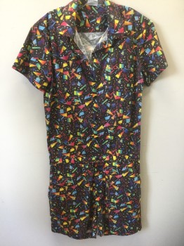 Mens, Coveralls/Jumpsuit, N/L, Black, Multi-color, Cotton, Spandex, Geometric, Abstract , L, Men's Romper Jumpsuit, Black with Rainbow Color Confetti Geometric Shapes, Short Sleeves, Button Front, Shorts Length, Belt Loops at Waist, 1 Patch Pocket at Chest, 2 Pockets at Sides
