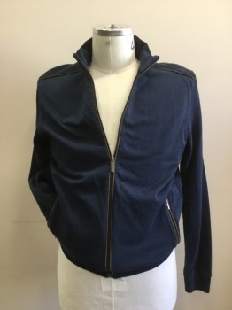 BUGATTI, Navy Blue, Tobacco Brown, Cotton, Leather, Solid, Jersey Knit, Zip Front with Leather Piping Detail, Zip Front, Knit Collar Band, Cuff & Waist