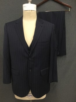 MATTARAZI UOMO, Navy Blue, Blue, Gray, Wool, Stripes - Vertical , Single Breasted, Collar Attached, Notched Lapel, Hand Picked Collar/Lapel, 3 Pockets, 2 Buttons