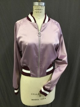 FOREVER 21, Lavender Purple, White, Plum Purple, Polyester, Solid, Poly Satin Lavender Jacket with White & Plum Stripe Ribb Knit Cuffs, Waist & Collar Band, Zip Front