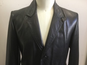 WILSONS LEATHER, Black, Leather, Solid, Notched Lapel, 2 Button Front, Pocket Flaps, Sport Coat Style