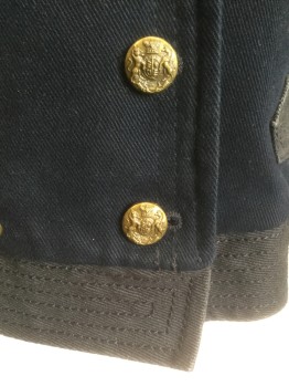 RALPH LAUREN POLO, Black, Dk Gray, Cotton, Solid, Black Twill/Denim, Double Breasted with Gold Metal Buttons, Wide Notched Lapel, Waistband and 2 Decorative Stripes of Gray Twill at Waist, Cropped Length, No Lining