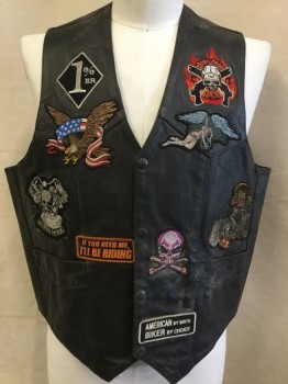 JIM LEATHER INC, Black, Black, Leather, Poly/Cotton, Solid, (aged/distressed)  Black, Black Lining, V-neck, Black Snap Front, Skulls/eagle Patches Front, White Skull in the Back with "BREAKERS, FLA"