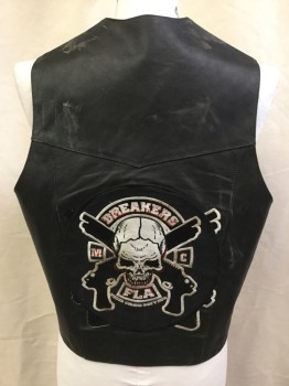JIM LEATHER INC, Black, Black, Leather, Poly/Cotton, Solid, (aged/distressed)  Black, Black Lining, V-neck, Black Snap Front, Skulls/eagle Patches Front, White Skull in the Back with "BREAKERS, FLA"