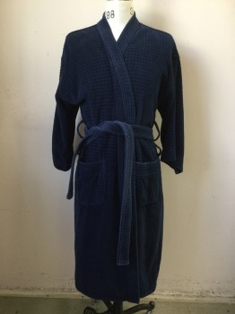 SAVILE ROW, Navy Blue, Cotton, Solid, Grid , Terry Cloth with Grid Pattern, Long Sleeves, Shawl Collar, 2 Pockets, Belt Loops, with Self Belt