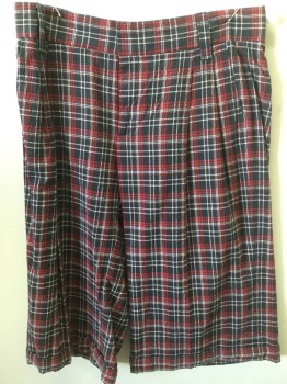 TEVROW CHASE, Black, Red, White, Cotton, Plaid, Seersucker, Pleated Front, Cuffed, Zip Fly, Waistband