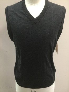 BROOKS BROTHERS, Charcoal Gray, Wool, Solid, V-neck, Pull Over