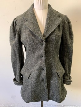 Womens, Jacket 1890s-1910s, N/L MTO, Charcoal Gray, Dk Green, Beige, Wool, Speckled, B:38, Sz.10, Thick Wool, Puffy Sleeves Gathered at Shoulders, 5 Buttons, Notched Lapel, 2 Pockets, Dark Purple Lining, Hip Length, Made To Order