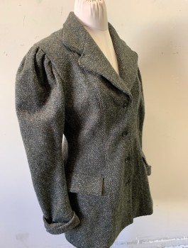N/L MTO, Charcoal Gray, Dk Green, Beige, Wool, Speckled, Thick Wool, Puffy Sleeves Gathered at Shoulders, 5 Buttons, Notched Lapel, 2 Pockets, Dark Purple Lining, Hip Length, Made To Order