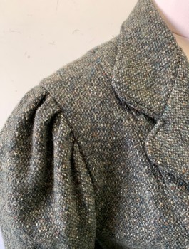 Womens, Jacket 1890s-1910s, N/L MTO, Charcoal Gray, Dk Green, Beige, Wool, Speckled, B:38, Sz.10, Thick Wool, Puffy Sleeves Gathered at Shoulders, 5 Buttons, Notched Lapel, 2 Pockets, Dark Purple Lining, Hip Length, Made To Order