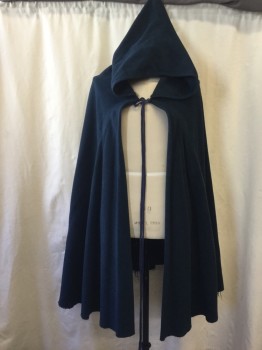 Unisex, Historical Fiction Cape, MTO, Teal Blue, Wool, Solid, Boiled Blanket, Tie Neck, Pointed Deep Hood, Mysterious Traveler, Raw Edged Irregular Hem, Unlined