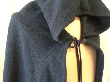 Unisex, Historical Fiction Cape, MTO, Teal Blue, Wool, Solid, Boiled Blanket, Tie Neck, Pointed Deep Hood, Mysterious Traveler, Raw Edged Irregular Hem, Unlined