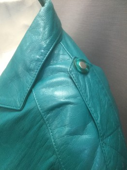 Womens, Leather Jacket, PELLE CUIR, Teal Green, Leather, Solid, B <38", S, Double Breasted with Hidden Snap Closures, Teal and Silver Buttons, Notched Lapel, Padded Shoulders, Epaulettes at Shoulders, Self Belt Attached at Waist,