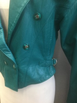 Womens, Leather Jacket, PELLE CUIR, Teal Green, Leather, Solid, B <38", S, Double Breasted with Hidden Snap Closures, Teal and Silver Buttons, Notched Lapel, Padded Shoulders, Epaulettes at Shoulders, Self Belt Attached at Waist,