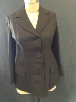 Womens, Jacket 1890s-1910s, N/L MTO, Brown, Wool, Solid, B:40, Single Breasted, Notched Lapel and Top Stitch Detail, 4 Button Closures, 2 Pockets with Flaps, 2 Slits at Back Center Panel, Made To Order