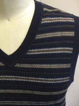 BROOKS BROTHERS, Navy Blue, Brown, Gray, Wool, Stripes, Lightweight, Solid Navy Ribbed Knit V-neck/Armhole/Waistband, Solid Navy Back