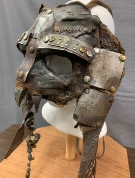 Unisex, Sci-Fi/Fantasy Mask, N/L MTO, Pewter Gray, Brown, Metallic, Leather, Metallic/Metal, Very Aged Leather with Oxidized Metal Plates and Studs, Rough Hand Stitched Patchwork, Eye Holes, Silver Pointed "Teeth", Animal Bones and Beaded Hanging Detail, Made To Order
