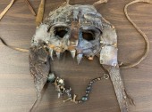 Unisex, Sci-Fi/Fantasy Mask, N/L MTO, Pewter Gray, Brown, Metallic, Leather, Metallic/Metal, Very Aged Leather with Oxidized Metal Plates and Studs, Rough Hand Stitched Patchwork, Eye Holes, Silver Pointed "Teeth", Animal Bones and Beaded Hanging Detail, Made To Order