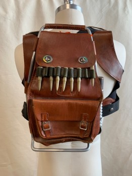 Unisex, Sci-Fi/Fantasy Accessory, MTO, Brown, Leather, Metallic/Metal, S/M, Brown Leather Back Pack, Silver Metal Closures, 5 Bullets, Black Web & Brown Leather Straps, Attached to Silver Metal Frame