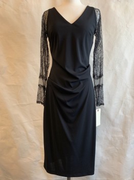 NICOLE MILLER, Black, Synthetic, Solid, V-neck & Back, Lace Long Sleeves,