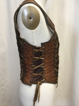 Womens, Sci-Fi/Fantasy Breastplate, MTO, Caramel Brown, Black, Leather, Vinyl, Reptile/Snakeskin, Solid, W27+, B36+, H37, Scoop Neck, Sleeveless, Hidden Zip Back, Lace Up Sides and Princess Seams, Cotton Lined, Corset Boning, Warrior Princess, Future Tough Girl, Adjustable, Multiples