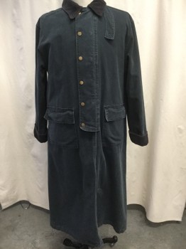 Mens, Coat, Duster, SCULLY, Moss Green, Navy Blue, Cotton, Solid, 46R, Faded Navy Cordaroy Collar and Cuffs, Canvass Body, Collar Attached, Long Sleeves, Double Breasted, 12 Antiqued Brass Rivet Buttons, Detachable Neck Piece C/F, 2 Patch Pockets with Flaps But No Buttons, C/B Triangular Riding Pleat with Button, Right and Left Leg Duster Straps with 2 Buttons