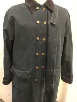 Mens, Coat, Duster, SCULLY, Moss Green, Navy Blue, Cotton, Solid, 46R, Faded Navy Cordaroy Collar and Cuffs, Canvass Body, Collar Attached, Long Sleeves, Double Breasted, 12 Antiqued Brass Rivet Buttons, Detachable Neck Piece C/F, 2 Patch Pockets with Flaps But No Buttons, C/B Triangular Riding Pleat with Button, Right and Left Leg Duster Straps with 2 Buttons