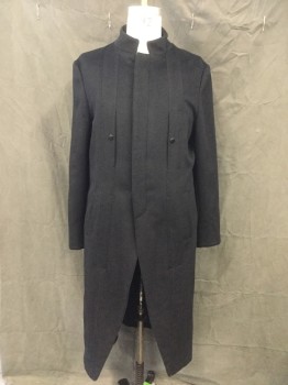 Mens, Coat, N/L, Black, Cashmere, Solid, 44, Hidden Placket Button Front, Cutaway Front, Stand Collar, 4 Pockets, Long Sleeves, Curved Cuff Seam, 2 Button Back Vents * Missing Liner*