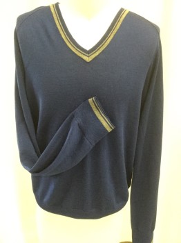 BANANA REPUBLIC, Royal Blue, Gray, Wool, Solid, V-neck, Long Sleeves, Gray Trim Around Neck and Cuffs