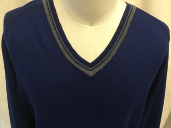 BANANA REPUBLIC, Royal Blue, Gray, Wool, Solid, V-neck, Long Sleeves, Gray Trim Around Neck and Cuffs
