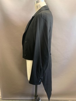 Mens, Historical Fiction Piece 1, MTO, Black, Wool, Silk, Stripes - Vertical , 38R, 1880s, Tail Coat with 2 Pairs of Pants, Self Stripes, Solid Black Inset of Peaked Lapel with 3 Button Holes on Both Sides, 6 Buttons, Victorian