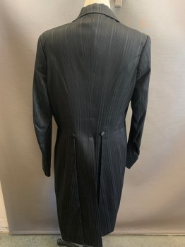 Mens, Historical Fiction Piece 1, MTO, Black, Wool, Silk, Stripes - Vertical , 38R, 1880s, Tail Coat with 2 Pairs of Pants, Self Stripes, Solid Black Inset of Peaked Lapel with 3 Button Holes on Both Sides, 6 Buttons, Victorian