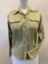 WESTERN COSTUMECO, Khaki Brown, Cotton, Solid, 1940s, Soft Twill, Button Front, Spread Notch Collar, 2 Button Flap Pockets, Long Sleeves with Button Cuffs, Epaulets, WPA, Multiple