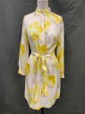 LIZ CLAIBORNE, Yellow, White, Aqua Blue, Silk, Floral, Button Front, Collar Attached, Long Sleeves, Button Cuff, Knee Length, with Self Belt, Multiple *1 Cracked Button, 1 Missing Button*