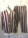 DEREK ROSE, Multi-color, Red Burgundy, Beige, Brown, Cotton, Stripes - Vertical , Alternating Burgundy, Beige and Brown Stripes with Herringbone Texture, Long Sleeve Button Front, Collar Attached, 3 Patch Pockets