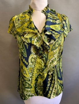 RAFAELLA, Navy Blue, Lime Green, Cream, Polyester, Abstract , Cap Sleeves, Band Collar with V Notch, Self Ruffles at Neck, Pullover