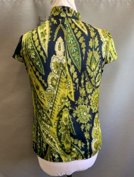 RAFAELLA, Navy Blue, Lime Green, Cream, Polyester, Abstract , Cap Sleeves, Band Collar with V Notch, Self Ruffles at Neck, Pullover