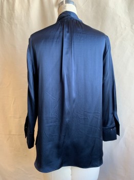 ELIE TAHARI, Navy Blue, Silk, Solid, V-neck, Drop Pleats at Shoulders, Long Sleeves, Button Cuff, Beaded Fringe Scarf Attached with Button Loop, Gathered at Back Neck