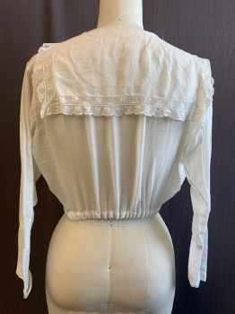 N/L, White, Cotton, Solid, Abstract Grid and Eyelet, Button Front, Lace Ruffle, Lace Panels Next to Placket, Sailor Collar with Lace Trim, Elastic Waist, Long Sleeves with Turned Back Cuff *Many Repairs Already Done, Hole in Right Shoulder*